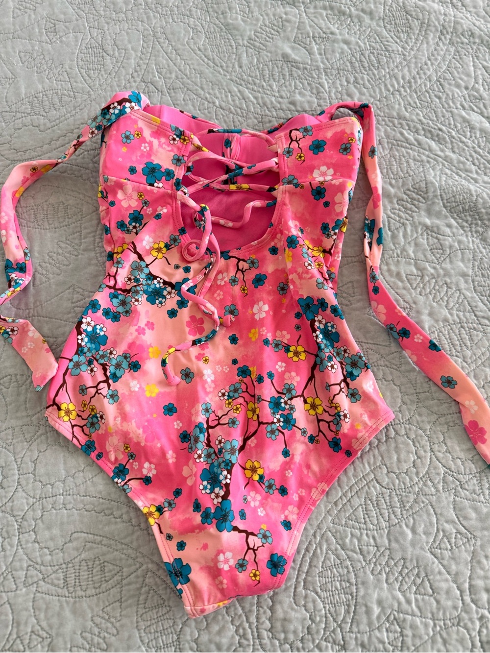 Pink Floral Lace-Up One-Piece Swimsuit